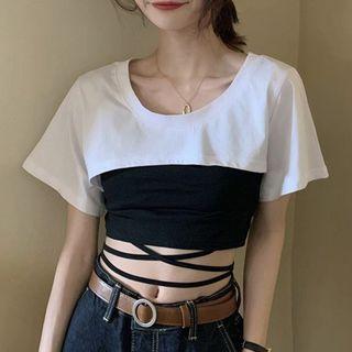 Set: Camisole Top + Short-sleeve Cropped T-shirt White & Black - One Size
