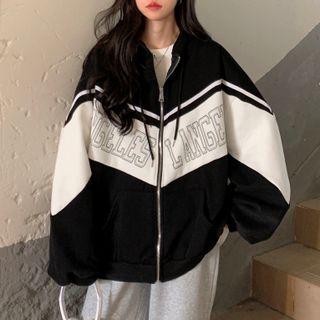 Oversized Color Panel Lettering Long-sleeve Baseball Jacket