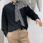 Long-sleeve Stripe Panel Tie-neck Shirt