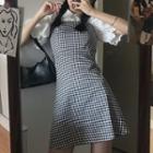 Balloon-sleeve Ruffled Blouse / Gingham Pinafore Dress