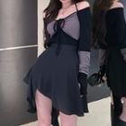 Long-sleeve Color-block Halter Top / Asymmetrical Hem Skirt