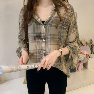 Long-sleeve Button Plaid Chiffon Top