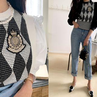 Frilled Contrast-panel Argyle Knit Top
