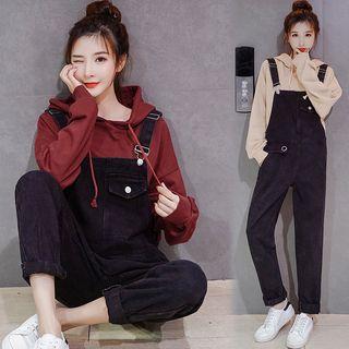 Drawstring Hoodie / Pocketed Denim Dungarees / Set