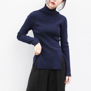 Mock-neck Slit-front Knit Top