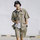 Set: Short-sleeve Tie-waist Plaid Shirt + Plaid Shorts