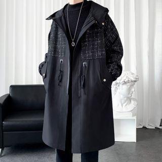 Tweed Panel Drawstring Trench Coat