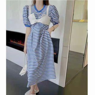 Puff-sleeve Striped A-line Dress / Plain Sleeveless Top