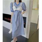 Puff-sleeve Striped A-line Dress / Plain Sleeveless Top