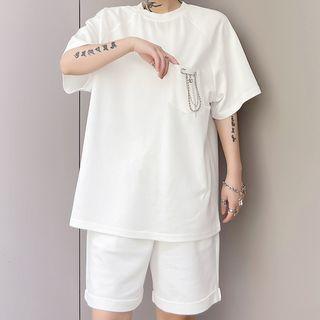Set: Pocket Front Brooch Detail Short Sleeve Tee + Wide Leg Shorts
