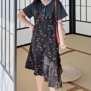 Short-sleeve Floral Panel Asymmetrical Dress