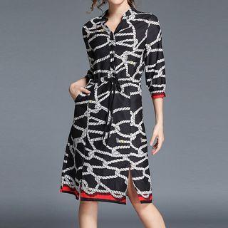 Print 3/4-sleeve Drawstring Waist Shirtdress