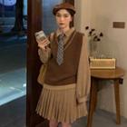 Plaid Tie / Long-sleeve Mini Collared Dress / Contrast Trim Sweater Vest