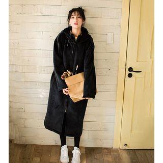 Hooded Velvet Zip Long Coat