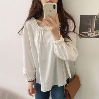 Lace Trim Balloon-sleeve Blouse White - One Size