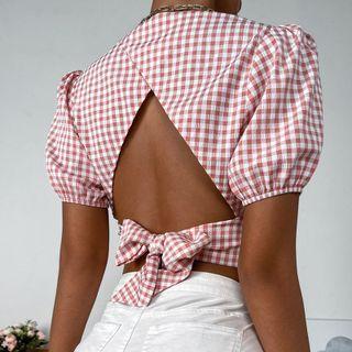 Plaid Print Open Back Crop Top