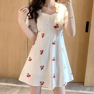 Balloon-sleeve Cherry Print Chiffon Dress