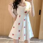 Balloon-sleeve Cherry Print Chiffon Dress