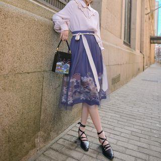 Embroidered Blouse / Printed Midi A-line Skirt