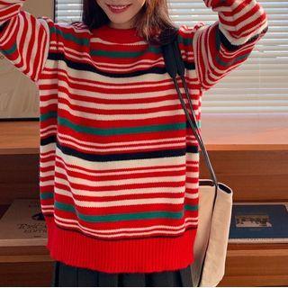 Striped Sweater Red & White & Black & Green - One Size