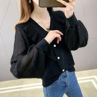 Long-sleeve V-neck Plain Ruffle Trim Panel Knit Sweater