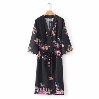 Printed Open-front Tie Waist Jacket