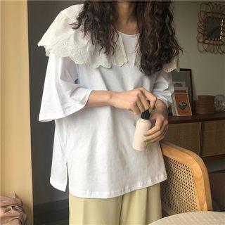 Elbow-sleeve Eyelet Collar Blouse