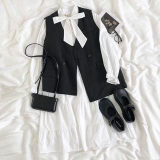 Tie-neck Long-sleeve Midi A-line Dress / Double-breasted Vest