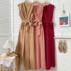 V-neck Sleeveless Jumpsuit With Sash In 5 Colors