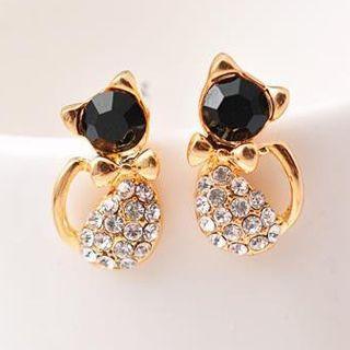 Rhinestone Cat Earring Gold - One Size