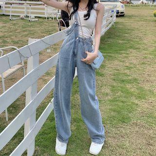 Long-sleeve Mesh Top / Baggy Suspender Jeans