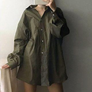 Loose-fit Plain Shirt Army Green - One Size