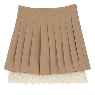 High-waist Lace Panel Accordion Pleat Skirt Khaki - One Size