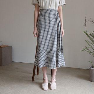 Ruffle-hem Plaid Long Wrap Skirt