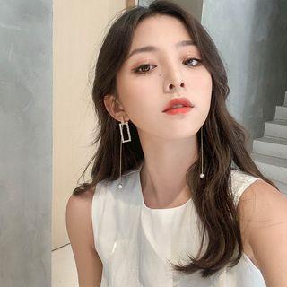Non-matching Alloy Rectangle Faux Pearl Dangle Earring 1 Pair - Gold & White - One Size