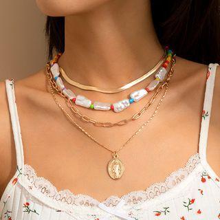 Set Of 4 : Alloy Choker + Irregular Pearl Choker + Alloy Necklace + Pendant Alloy Necklace Set Of 4 - Gold - One Size