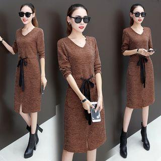 Tie Waist Long Sleeve Knit Midi Dress