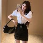 Set: Short-sleeve Blouse + Mini Fitted Skirt Set Of 2 - White Blouse + Skirt - Black - One Size