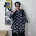3/4-sleeve Patterned Loose-fit Shirt Black - One Size
