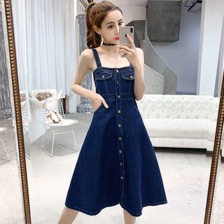Wide Strap Midi A-line Denim Dress