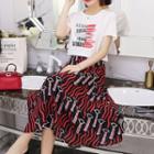 Set: Lipstick Print Short-sleeve T-shirt + A-line Midi Skirt