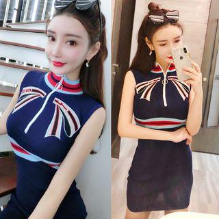 Sleeveless Zip-front Bow Knit Dress Dark Blue - One Size