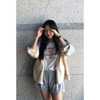 Set: Color-block Zip-up Jacket + Band-waist Shorts