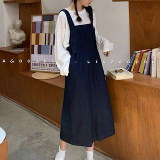 Plain T-shirt / Denim Midi A-line Pinafore Dress