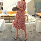 Wrap-front Floral Long Chiffon Dress Wine Red - One Size