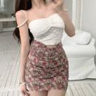 Beaded Tube Top / Floral Print Mini Skirt