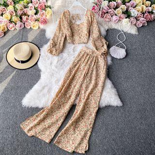 Set: Floral Print Cropped Blouse + Wide-leg Pants