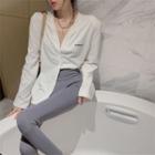 Long-sleeve Lettering Print V-neck Top / Plain Leggings