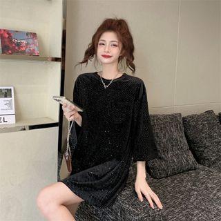 Elbow-sleeve Sequin T-shirt Black - One Size