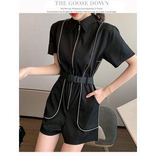 Short-sleeve Contrast Trim Zip-up Romper
